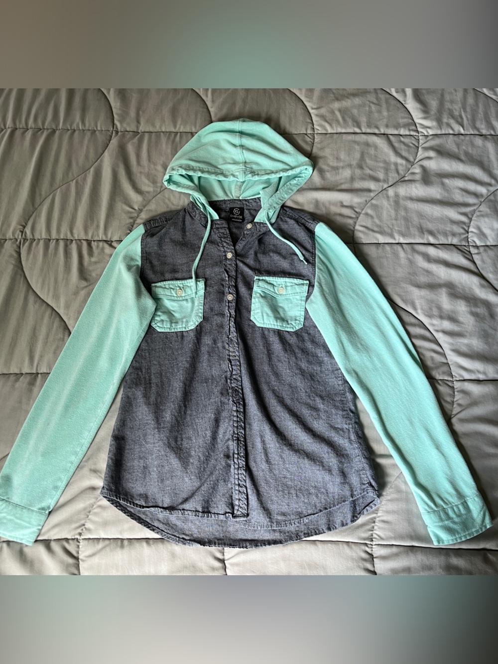 Empyre Mint and Charcoal Hooded Button-Up Jacket